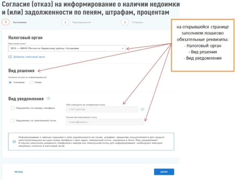 Шаг 2. Подаем согласие на информирование и выбираем вид уведомления.